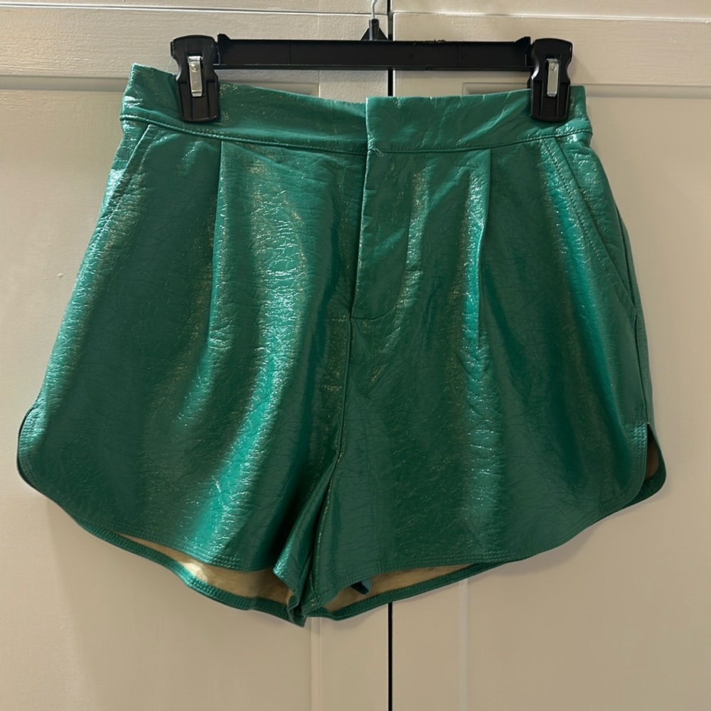 Grey Lab green faux leather shorts